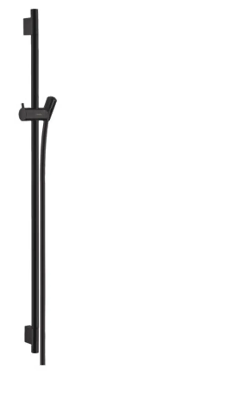 Schwarze Brausestange aus Metall mit Halterung, vertikal ausgerichtet. Hansgrohe Logo sichtbar. Schlichte, zeitgemäße Form für die Dusche.
